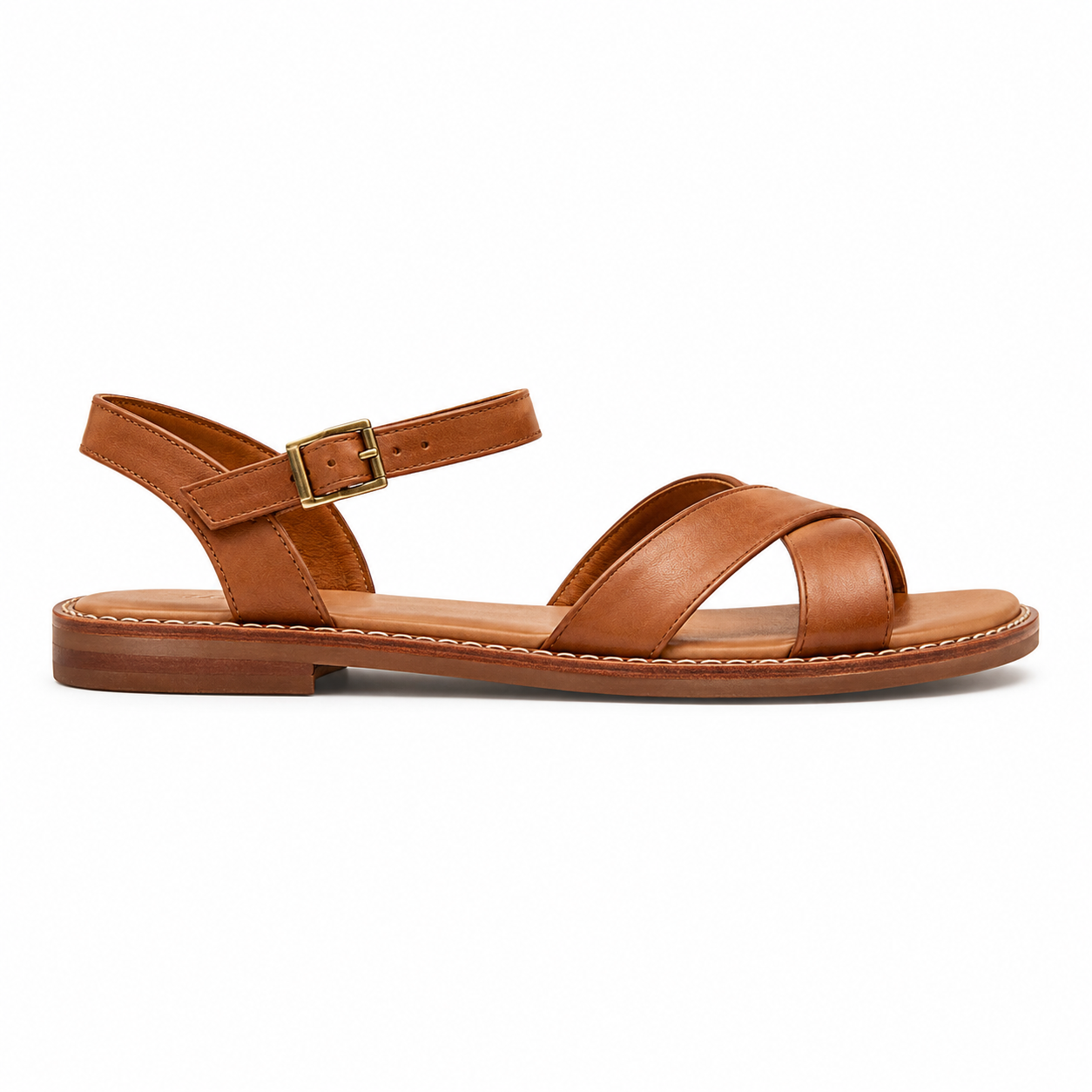 Front view of women's caramel cross-strap vegan leather sandal showing X-shaped forefoot straps