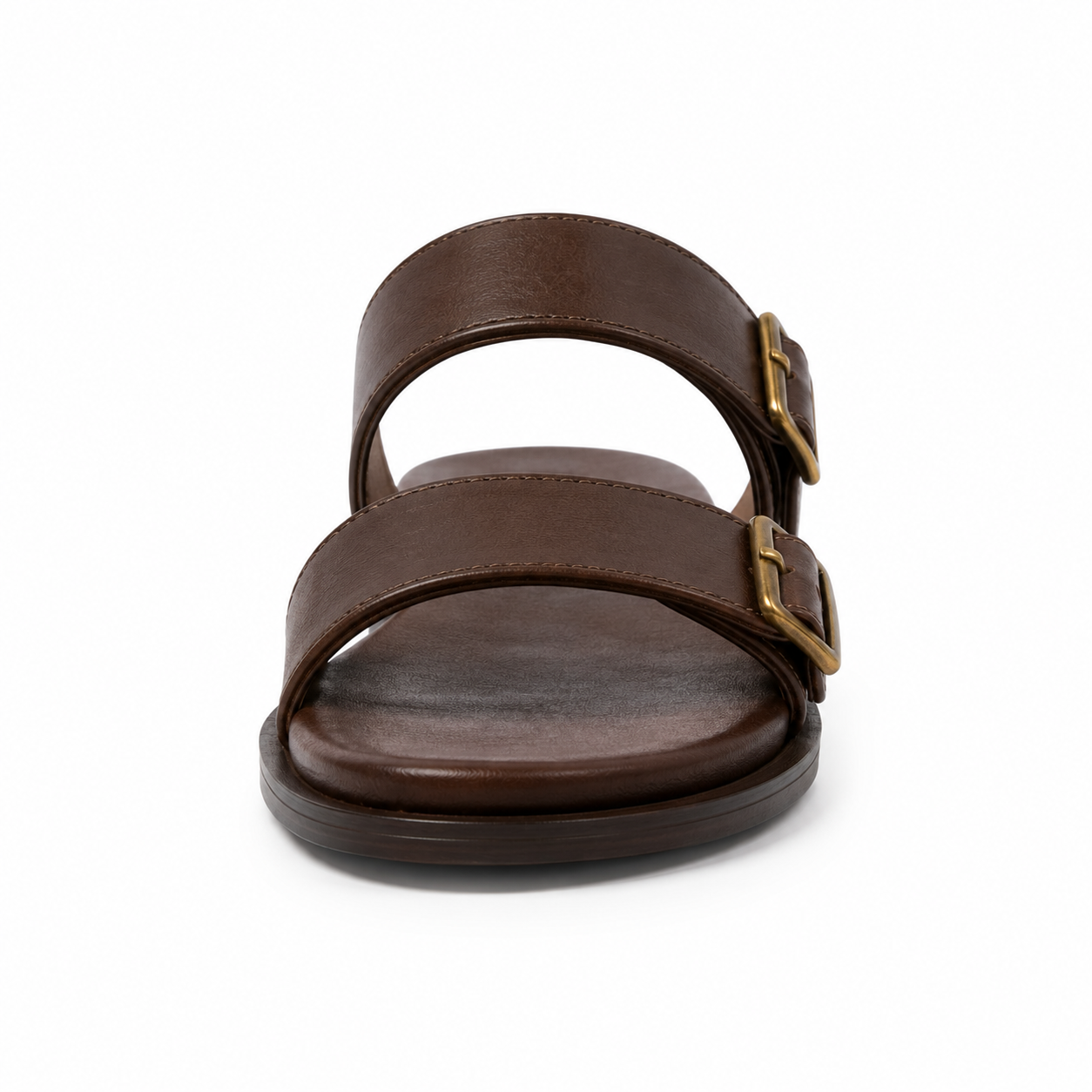 Side profile of women's dark walnut double-buckle vegan leather sandal showing both delicate antique brass buckles and stacked leather sole