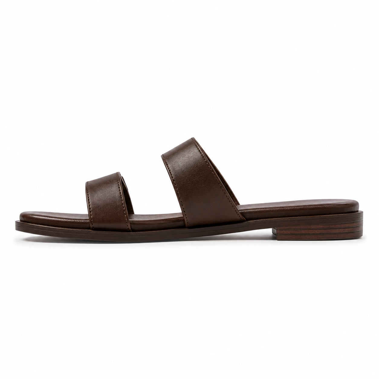 Front view of women's dark walnut double-buckle vegan leather sandal showing both parallel straps and antique brass buckles