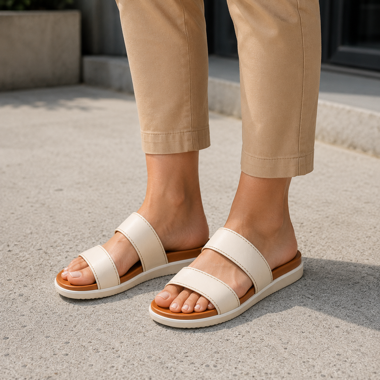 Woman wearing cream and tan two-tone vegan leather slide sandals with cuffed khaki chinos on a modern grey concrete urban plaza