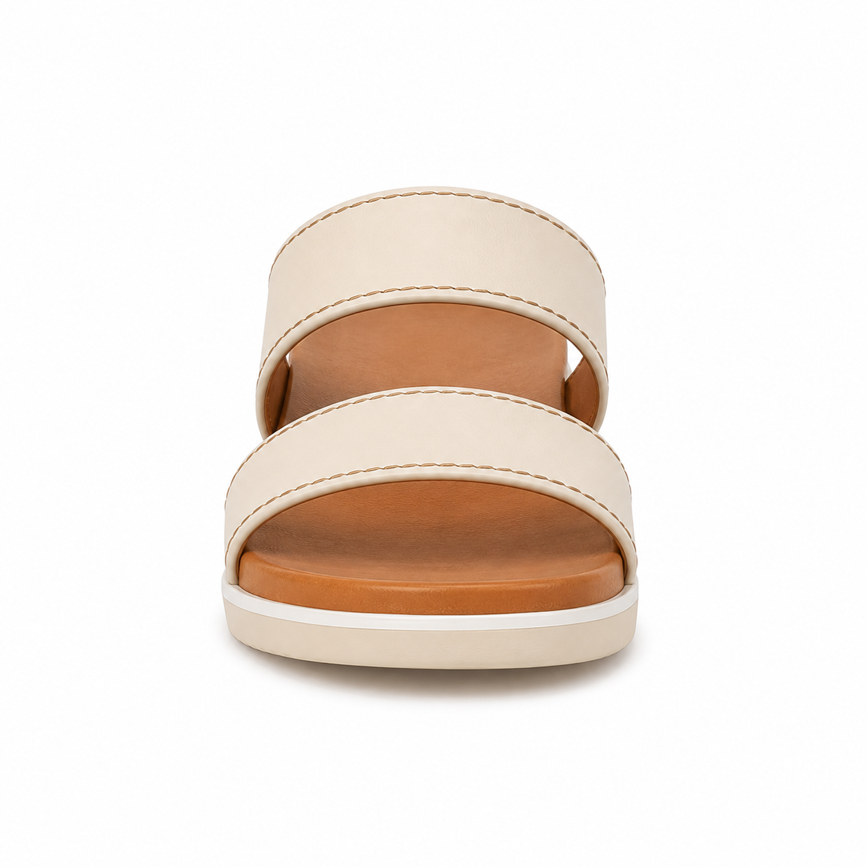 Inner side view of women's cream and tan two-tone vegan leather slide sandal showing the white midsole stripe along the perimeter