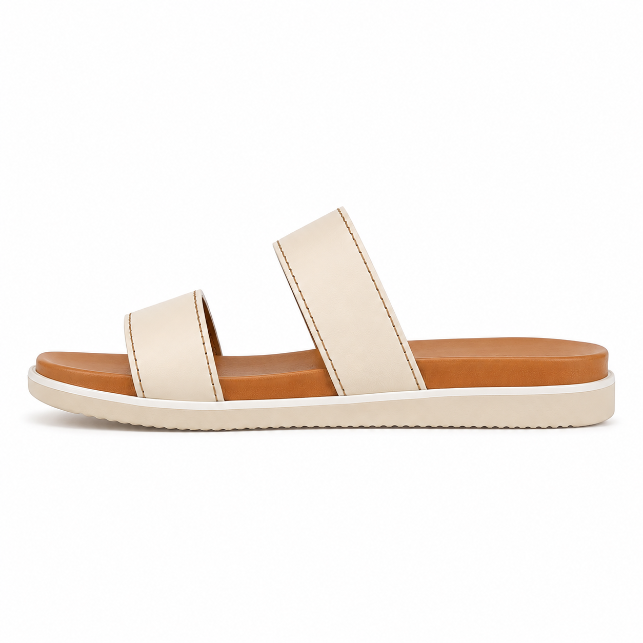 Women's two-tone vegan leather slide sandal in cream and tan with white midsole stripe and tonal contrast stitching, three-quarter view