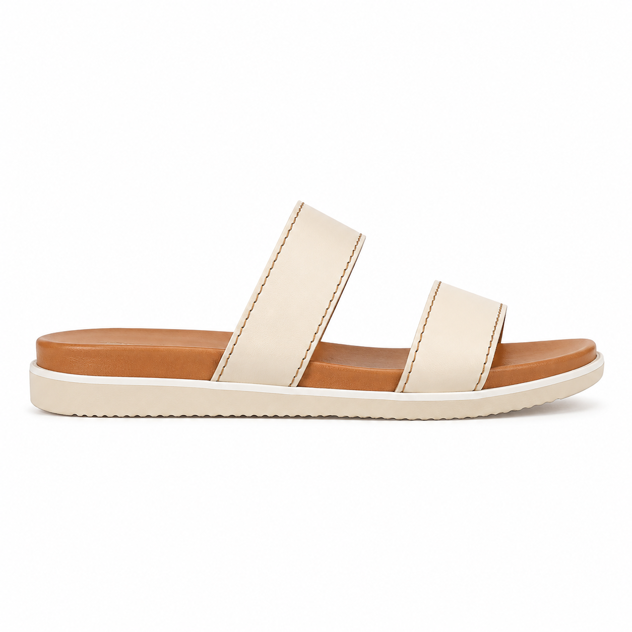Front view of women's cream and tan two-tone vegan leather slide sandal showing both cream straps and contrasting tan footbed