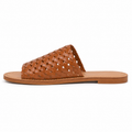 Women's hand-woven vegan leather slide sandal in cognac brown with interlocking diamond pattern and natural tan footbed, three-quarter view