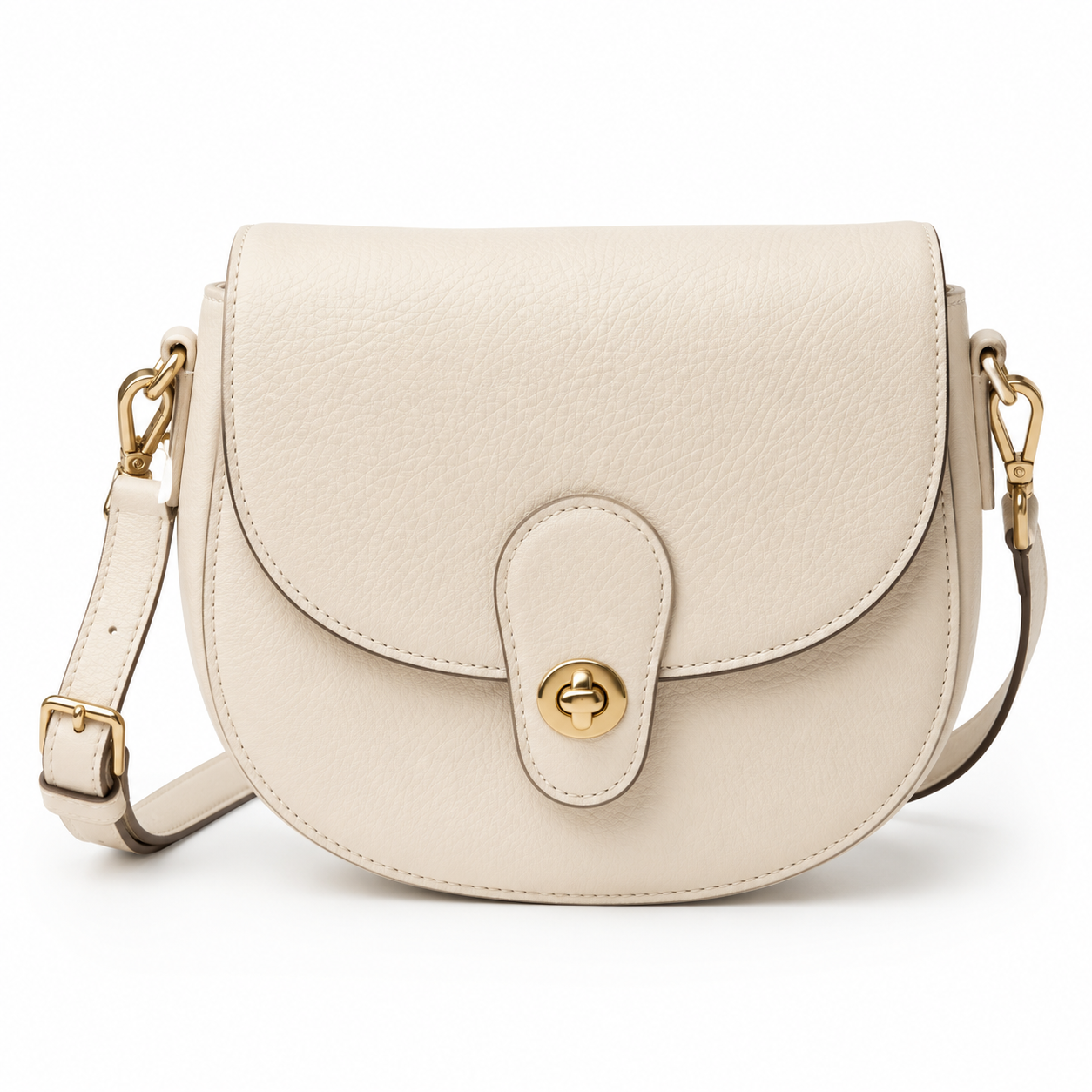 Front view of cream leather crossbody bag with gold hardware.