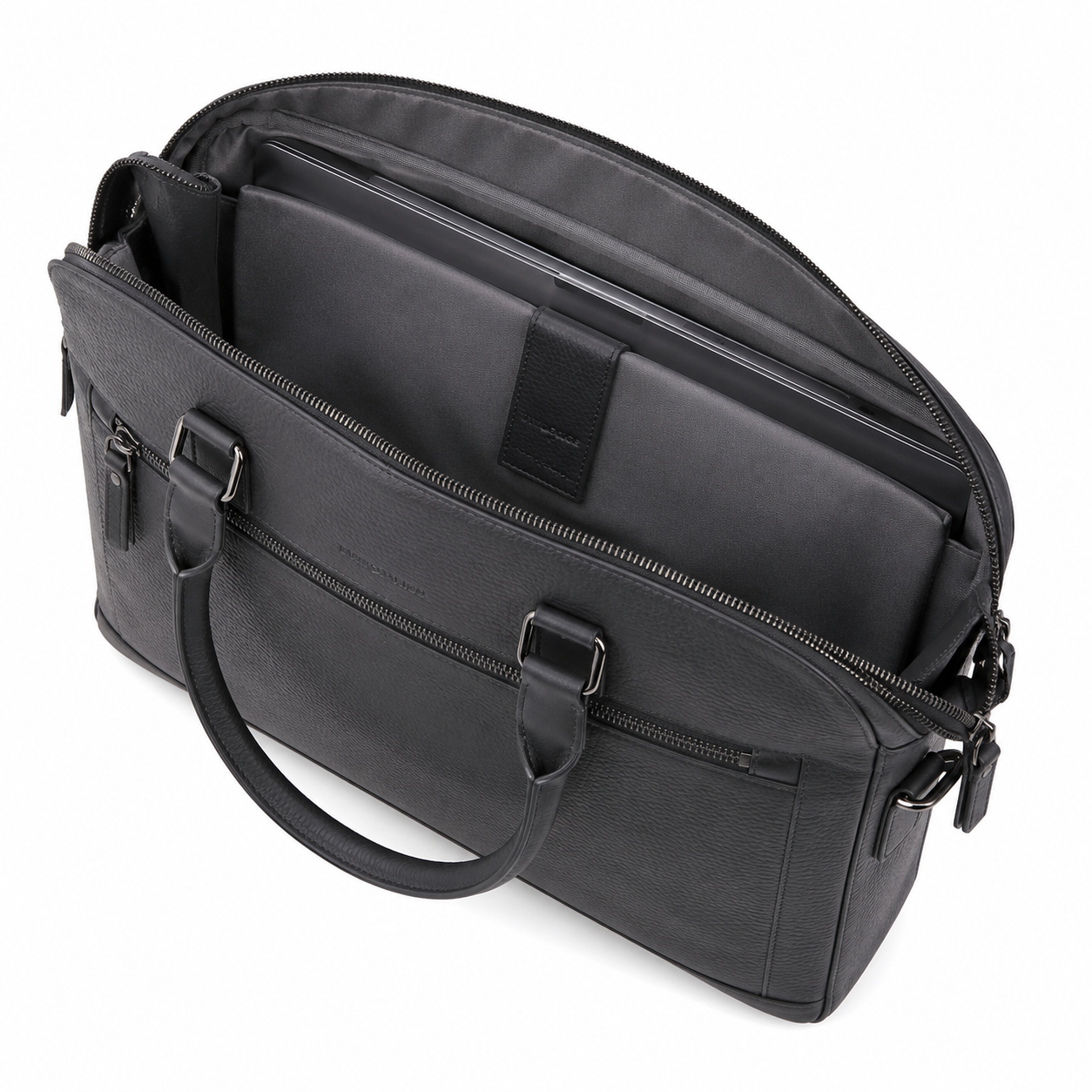 Close-up of the leather texture and zip closure.