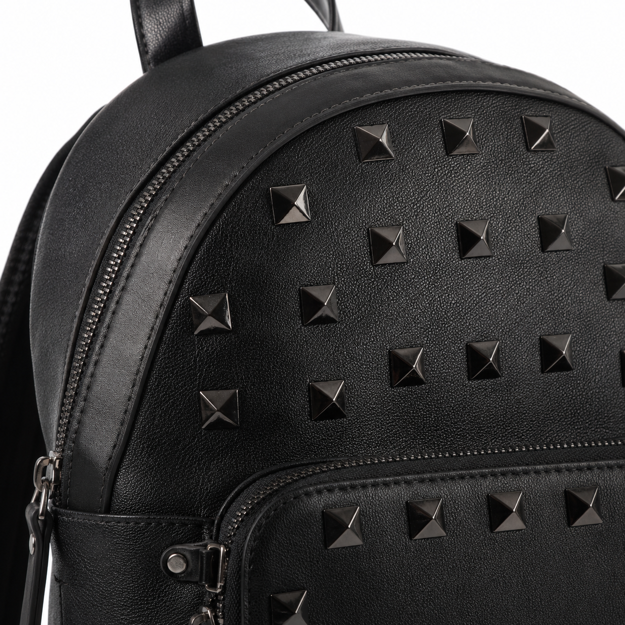 Zipper closure detail on black leather backpack