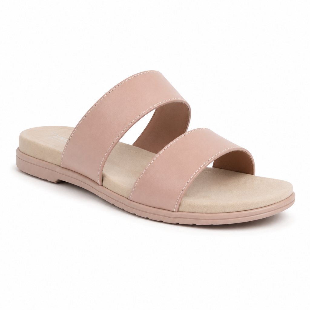 Sole view of blush leather slide sandal
