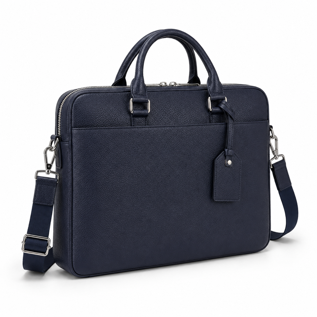 Side view of navy leather briefcase showing depth and texture.
