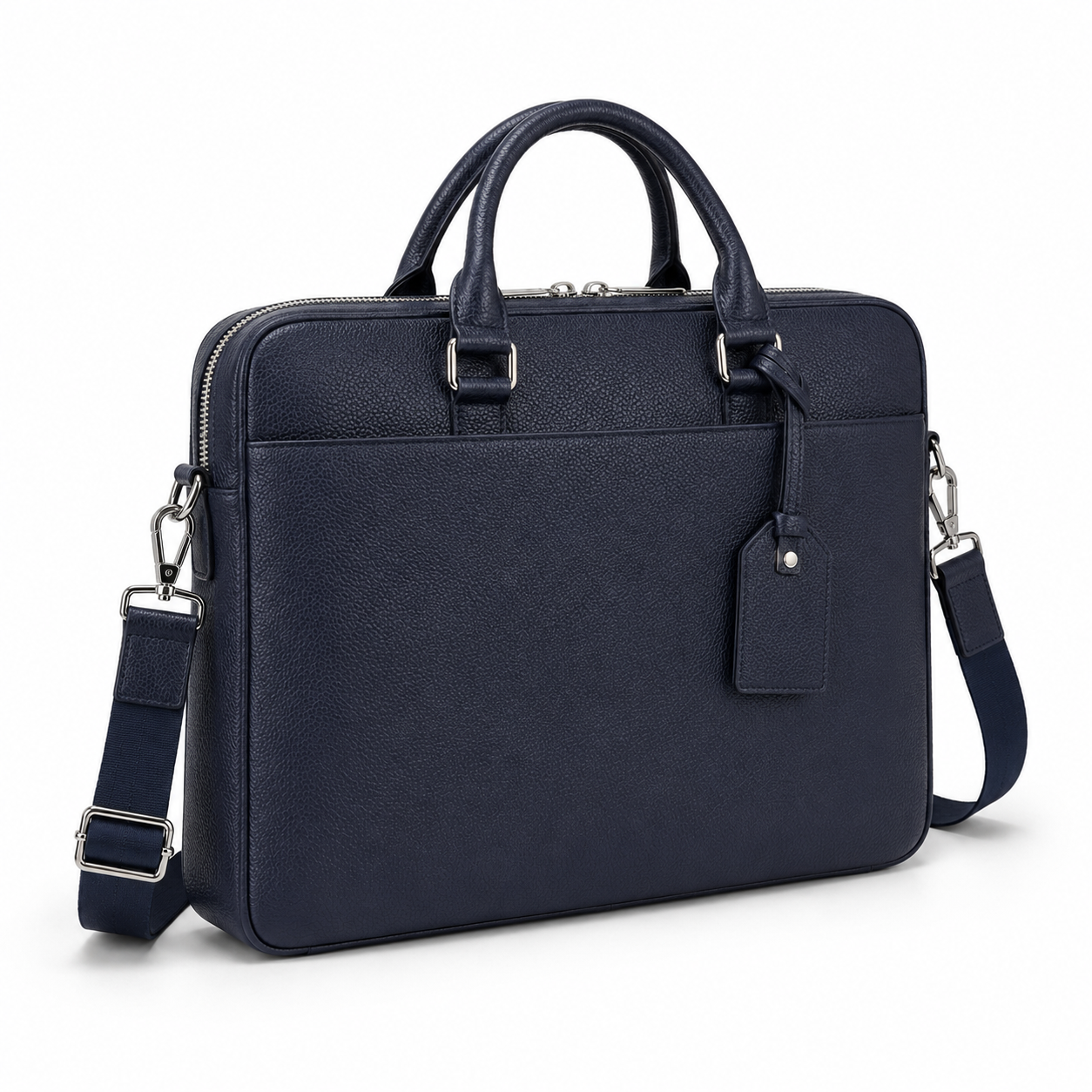 Side view of navy leather briefcase showing depth and texture.