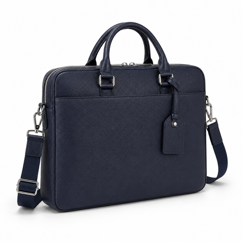 Side view of navy leather briefcase showing depth and texture.