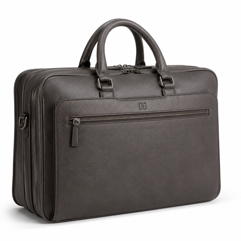 Side view showing adjustable strap of the leather laptop bag.
