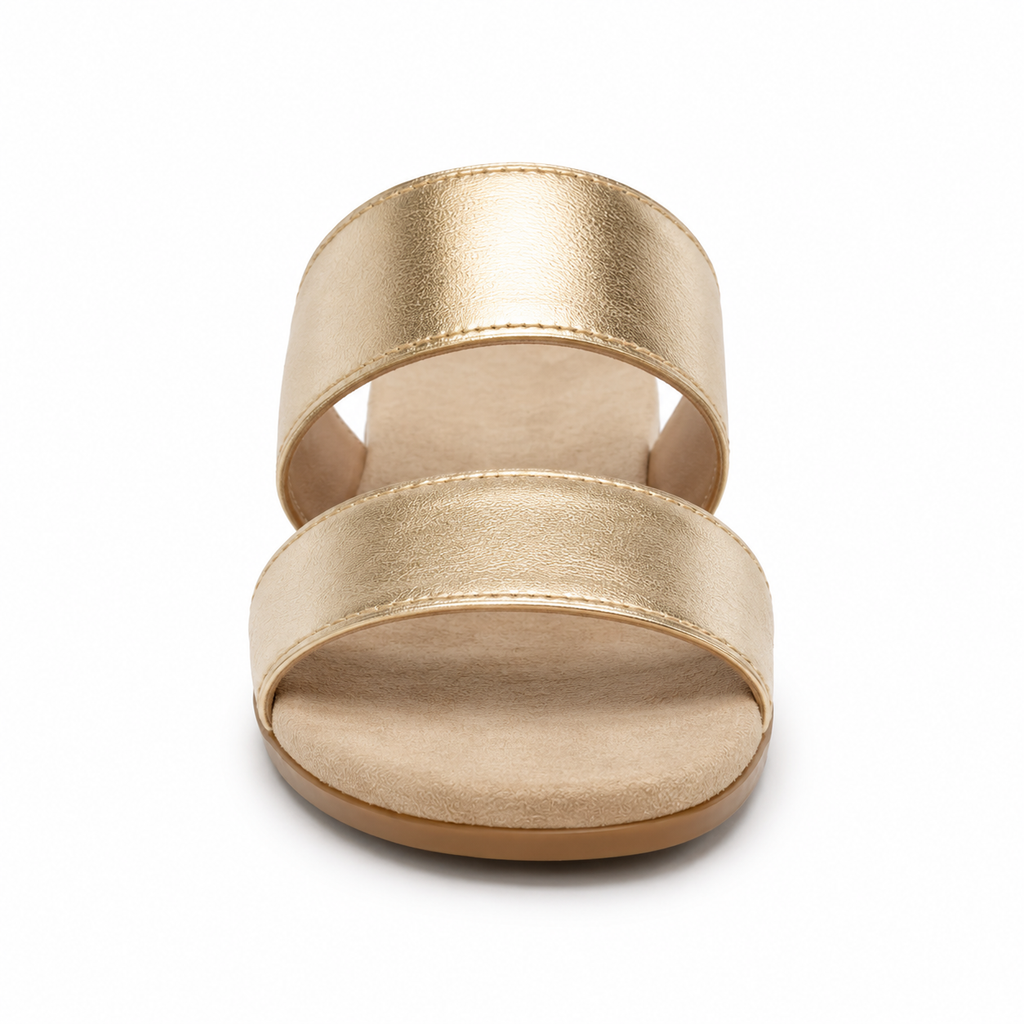 Top view of gold leather sandals with flat sole