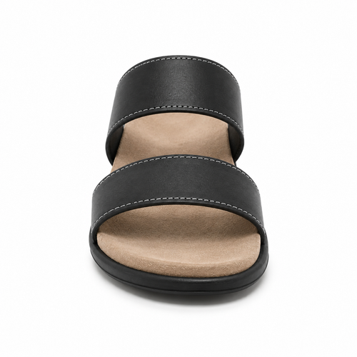 Top view of cushioned footbed in black leather sandal