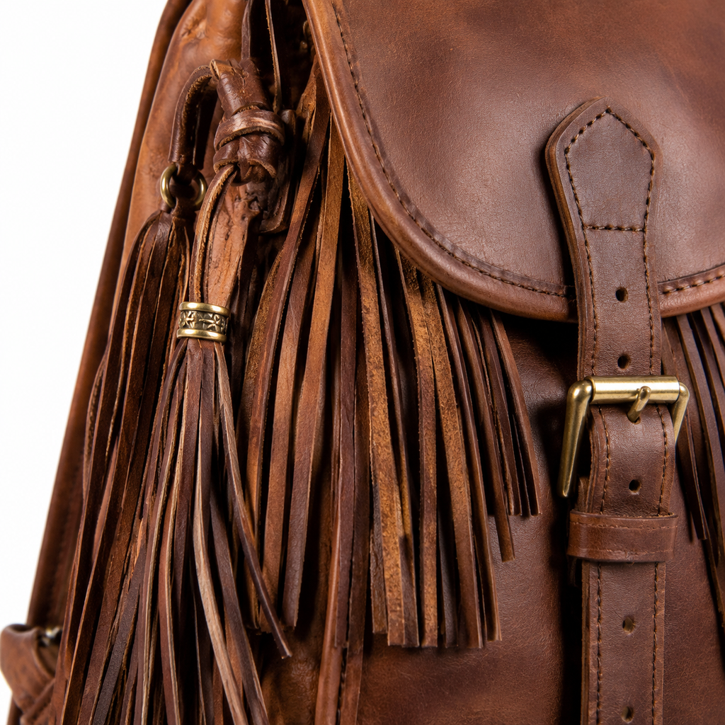 Detailed view of the fringe on the leather backpack.