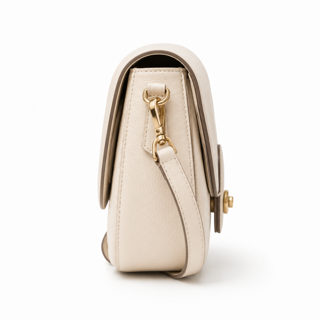 Close-up of gold twist-lock closure on cream crossbody bag.