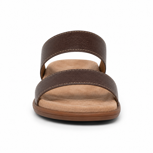 Top view of boneroshop brown leather slide sandal.