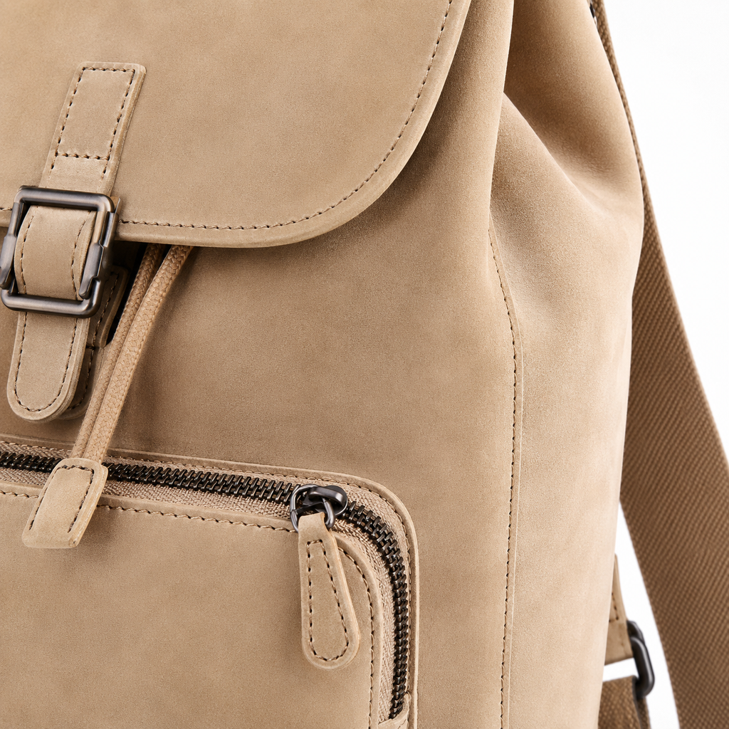 Detail of zipper closure on beige backpack