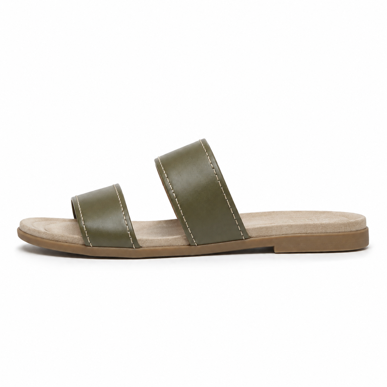 Side view of olive green leather slide sandal