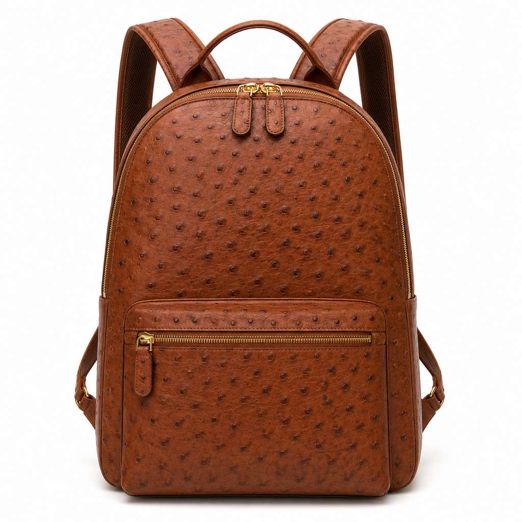 Front view of brown ostrich leather backpack