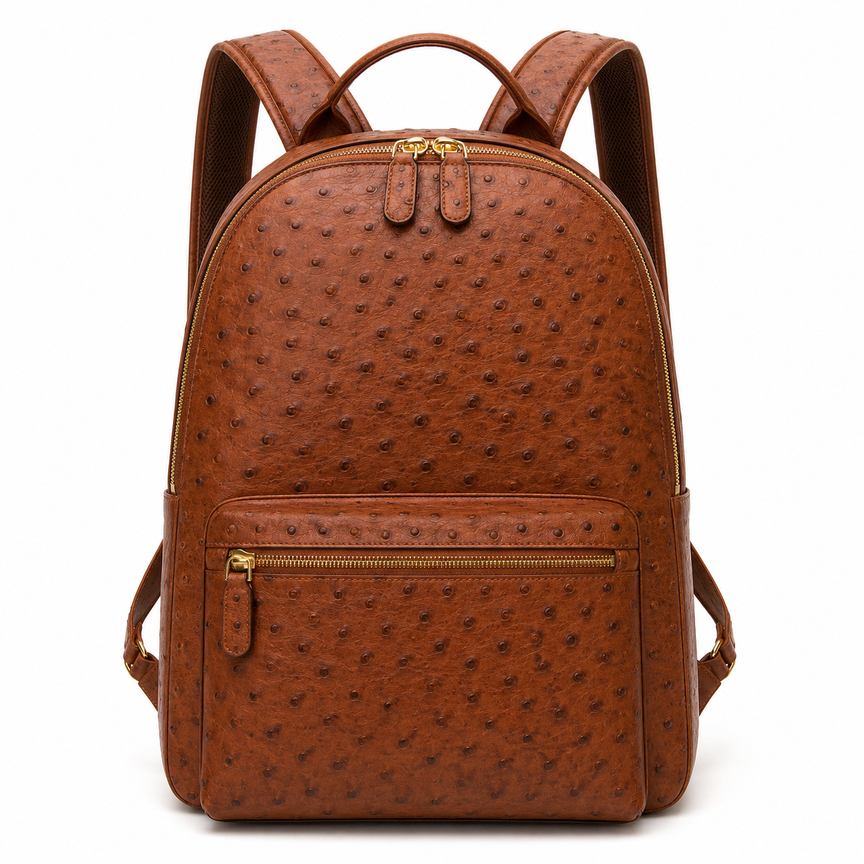 Front view of brown ostrich leather backpack