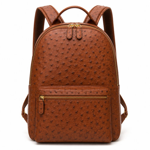Front view of brown ostrich leather backpack
