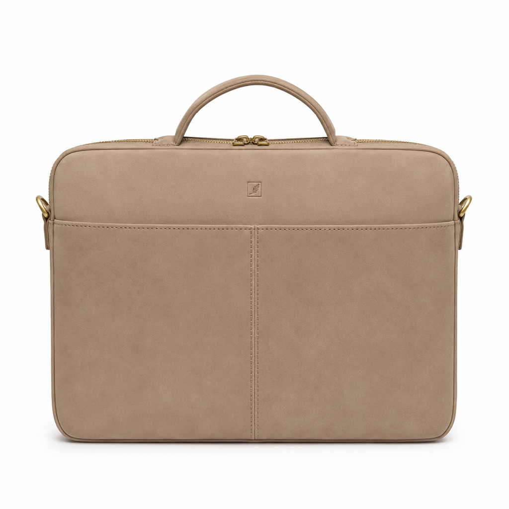 Front view of beige laptop bag with zipper closure.