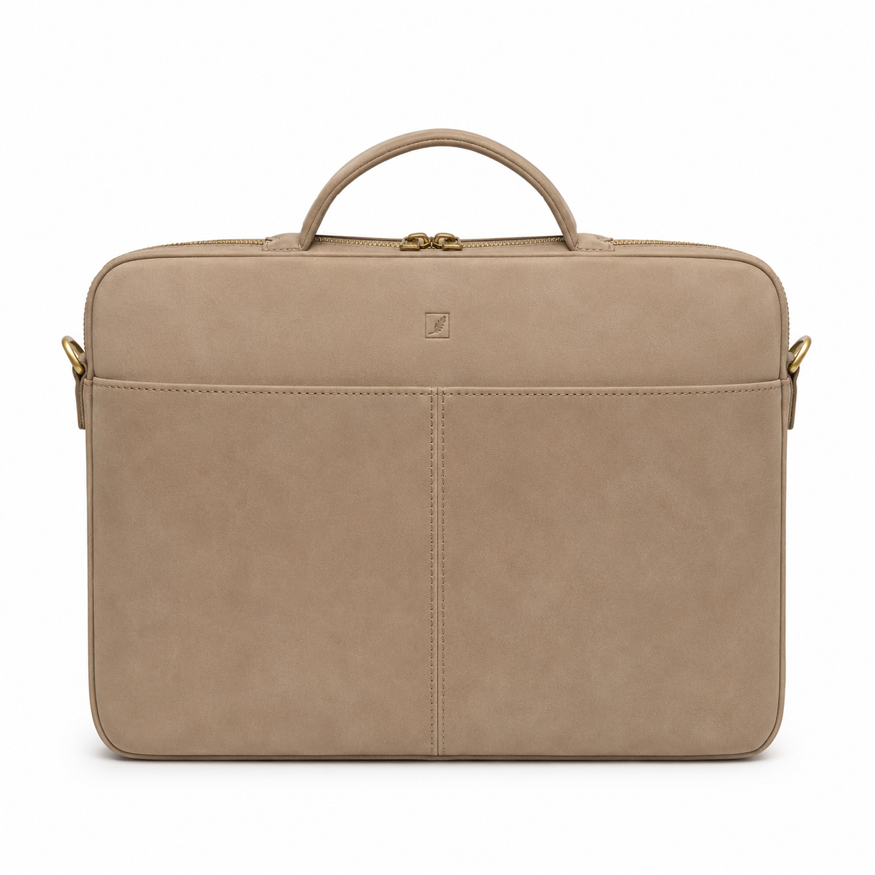 Front view of beige laptop bag with zipper closure.