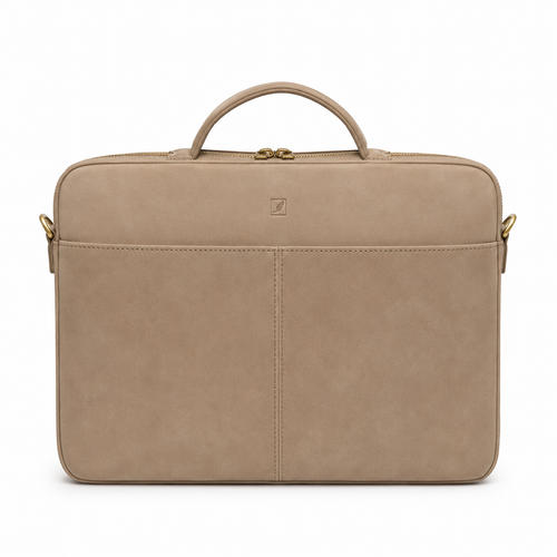 Front view of beige laptop bag with zipper closure.
