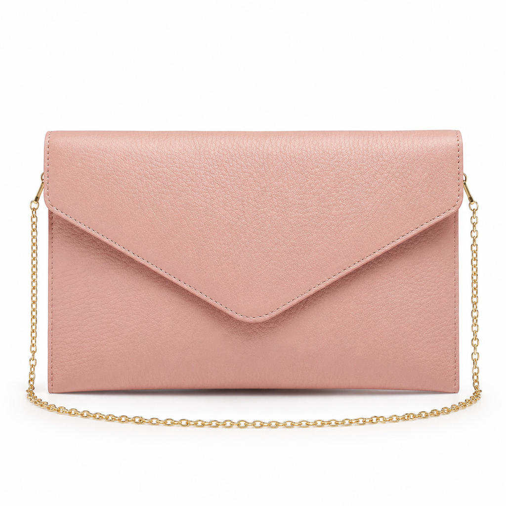 Pink faux leather envelope clutch bag with gold chain strap.