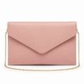 Pink faux leather envelope clutch bag with gold chain strap.