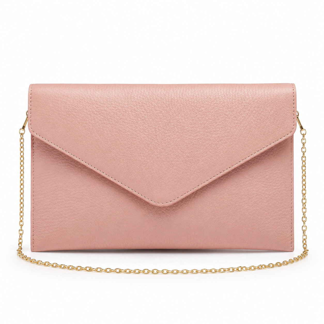 Pink faux leather envelope clutch bag with gold chain strap.