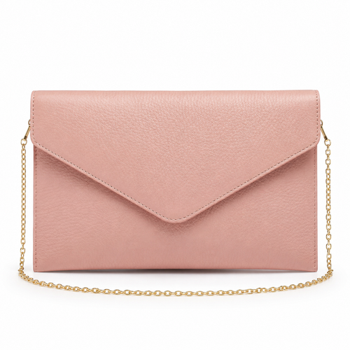 Pink faux leather envelope clutch bag with gold chain strap.