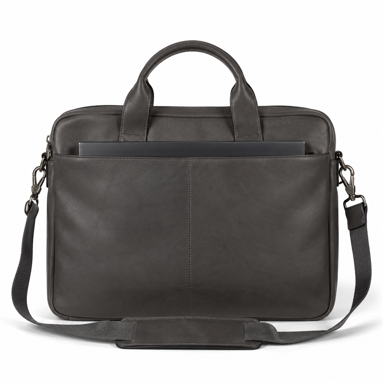 Back view of the charcoal leather laptop bag.
