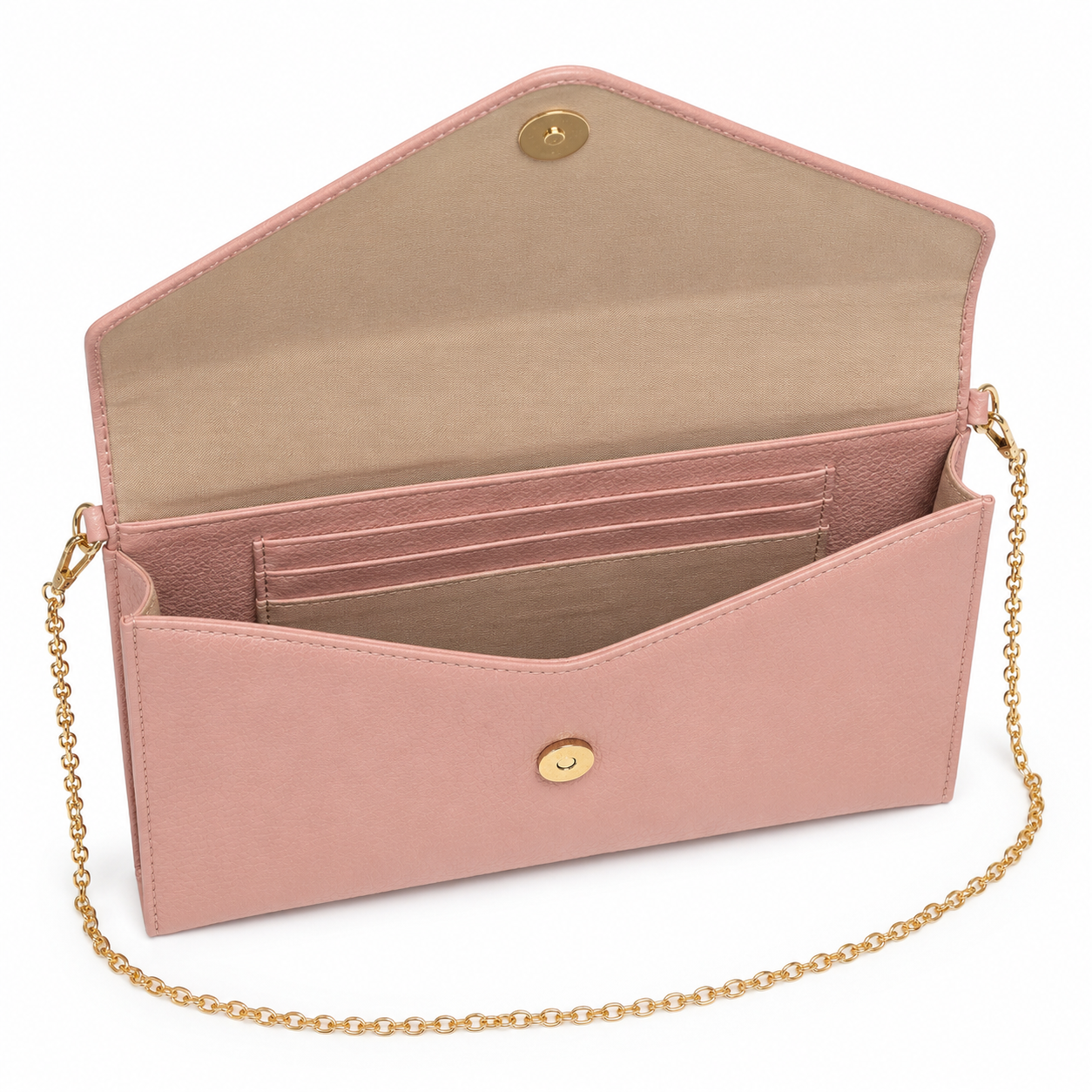 Detachable gold chain strap on pink clutch bag.