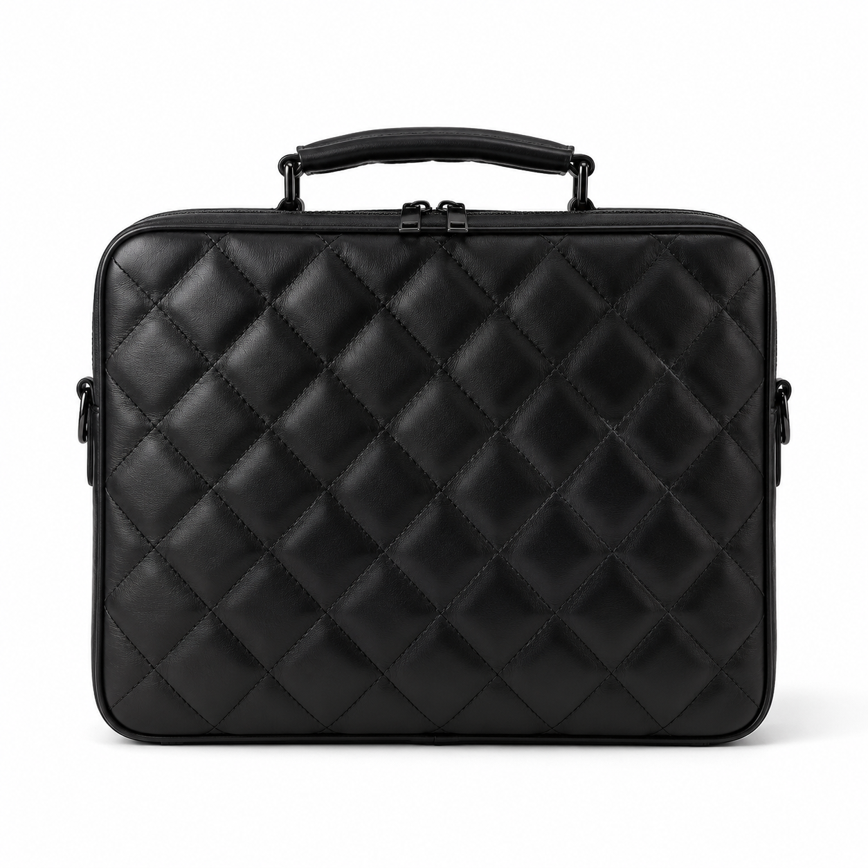 Front view of black quilted laptop bag