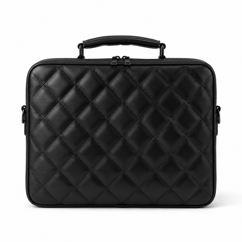 Front view of black quilted laptop bag