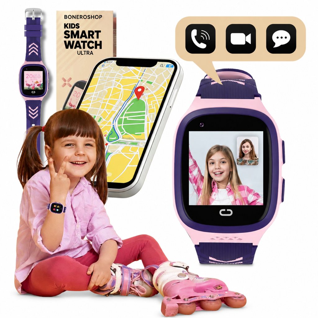 Video calling feature on children's 4G smart watch with bright OLED display.