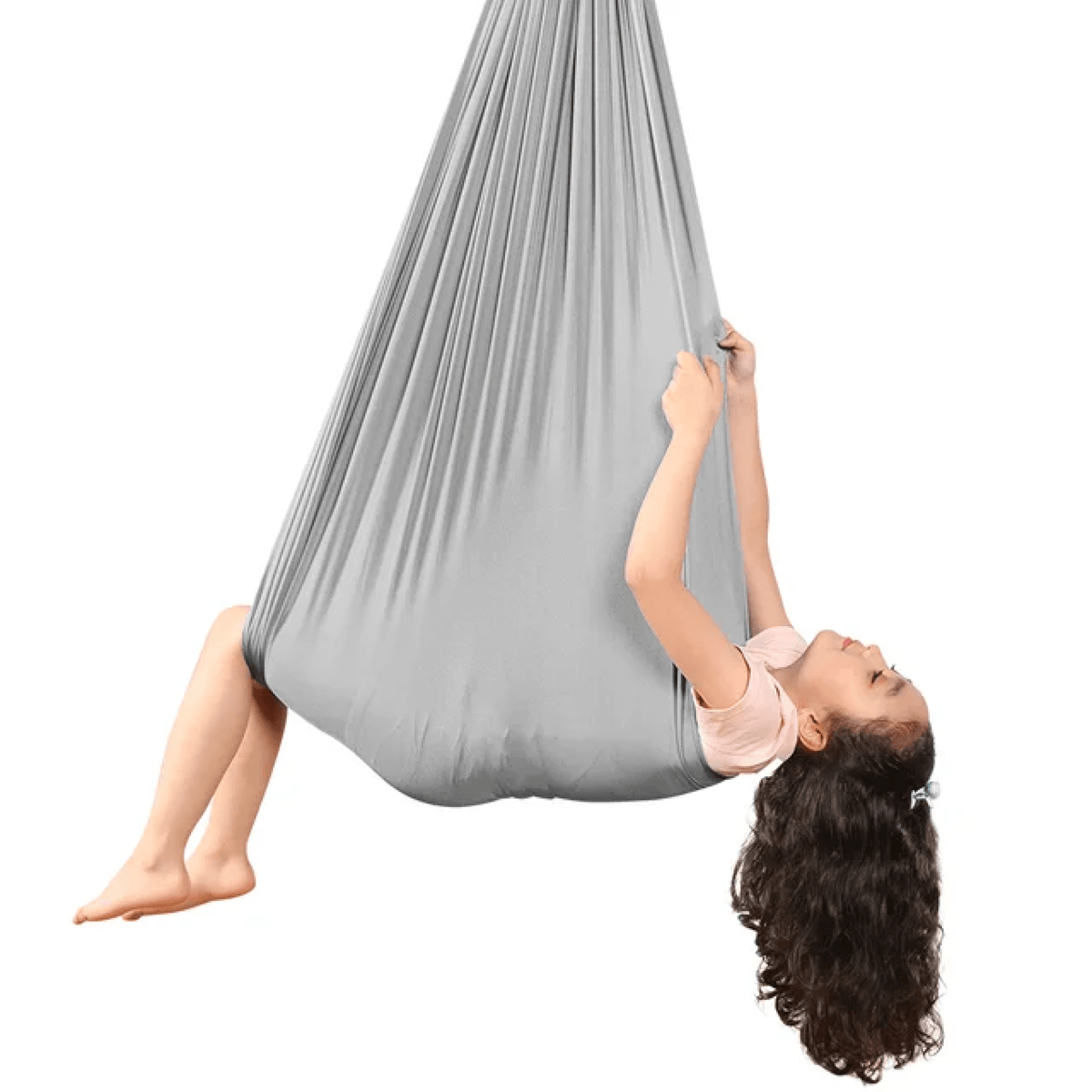 Black sensory swing outdoors on dry day, demonstrating water-resistant fabric.