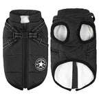 Detail of waterproof fabric and windproof design on dog coat