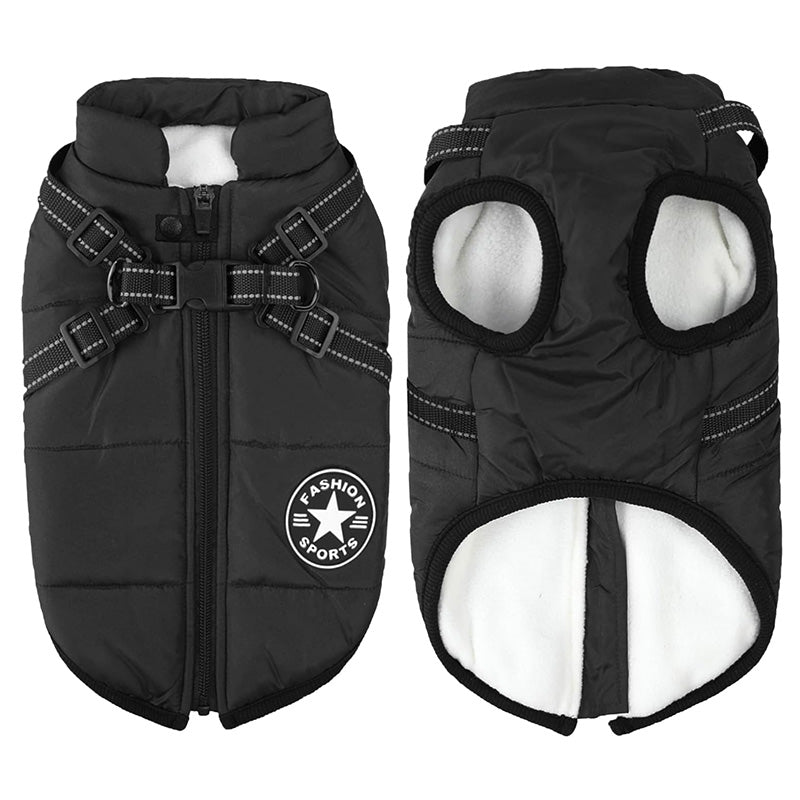 Detail of waterproof fabric and windproof design on dog coat