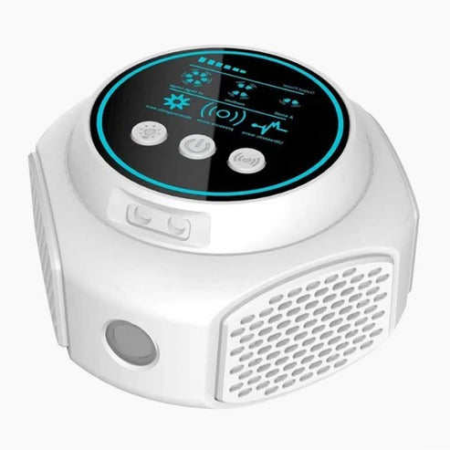 Ultrasonic spider repeller in use with blue indicator light showing active operation.