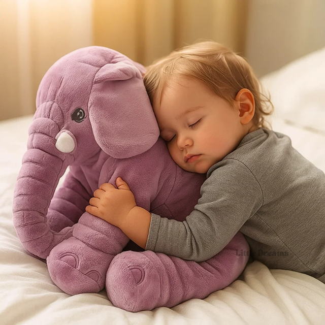 Soft elephant plush toy displayed as teddy bear alternative with infant