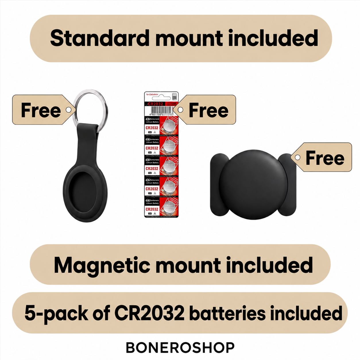 Subscription-free GPS pet tracker with AirTag-compatible mount and battery pack included.