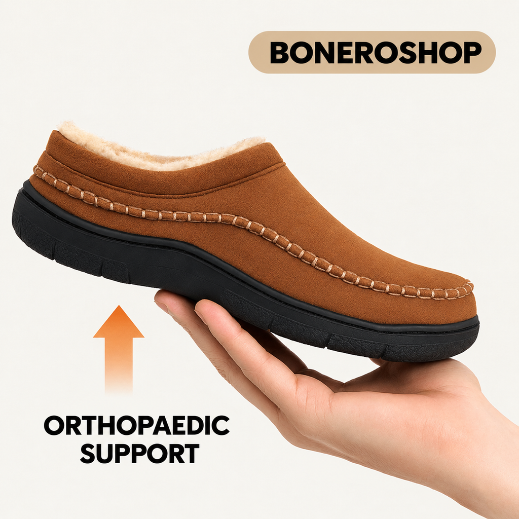 Men's orthopaedic slippers in grey colour with warm fleece lining visible