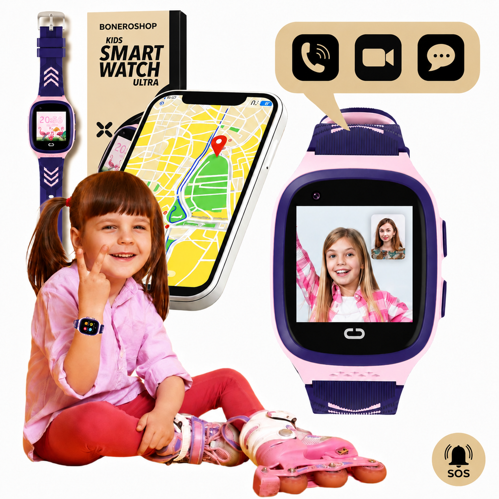 SOS emergency button on children's smart watch transmitting location alert.