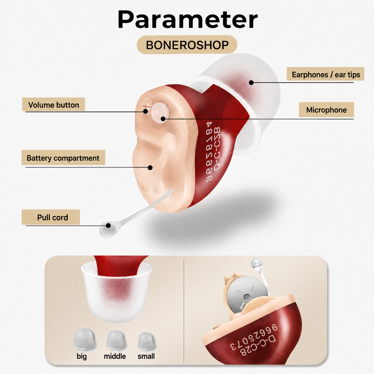 ClearPro hearing amplifier with assorted ear tip sizes for custom fit