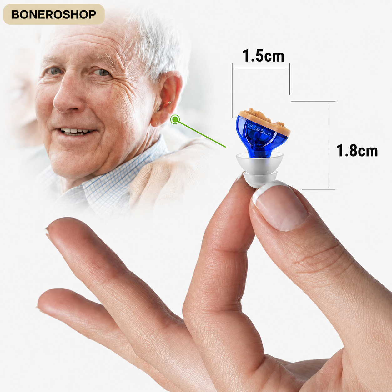 ClearPro invisible hearing aid size comparison illustrating discreet and comfortable fit