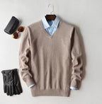 Men's cashmere jumper in grey V-neck style for formal occasions