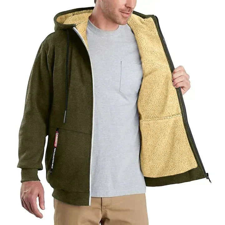 TOMMY fleece zip-up hooded sweatshirt worn by model, lifestyle shot.
